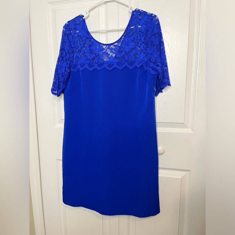 Badgley Mischka‎ Belle Royal Blue Floral Lace Detail Sleeves Mini Dress Sz 12 - Picture 4 of 9